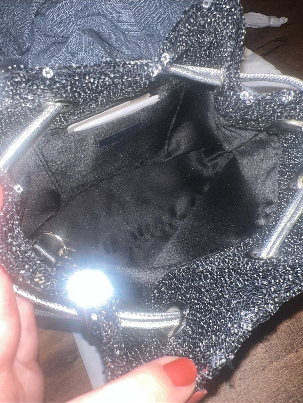 Jimmy Choo Silver/Graphite Sequin Drawstring Mini Bucket Bag - Picture 13 of 13